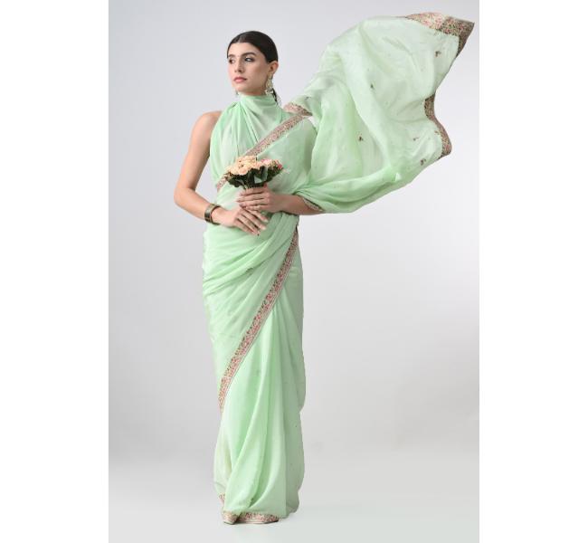 The Weavers Shop By Raavi Pure Crepe Tilla Thread Handwork Saree Sea Green